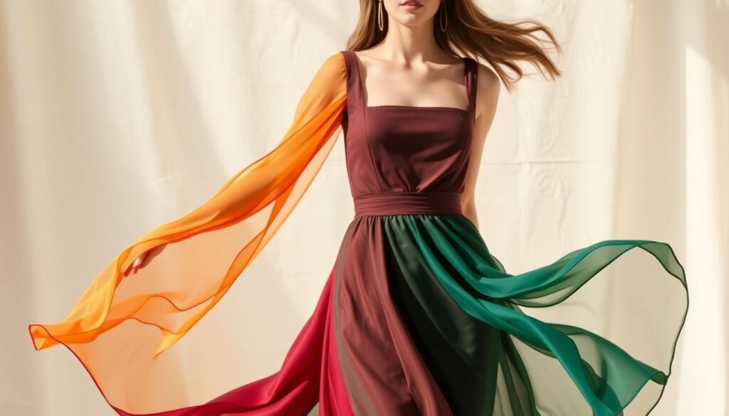 A square-neck dress with vibrant seasonal color accents, flowing elegantly against a soft, diffused backdrop. The dress features a form-fitting silhouette, accentuated by a cinched waist and delicate ruching. Hues of warm amber, deep burgundy, and rich emerald create a harmonious palette, reflecting the changing seasons. Gentle natural lighting casts a subtle glow, highlighting the dress's luxurious texture and intricate details. The composition is balanced, with the subject occupying the center of the frame, allowing the viewer to focus on the seasonal color story. An air of sophistication and timelessness permeates the scene, inviting the observer to imagine how this versatile piece could be styled for various occasions.