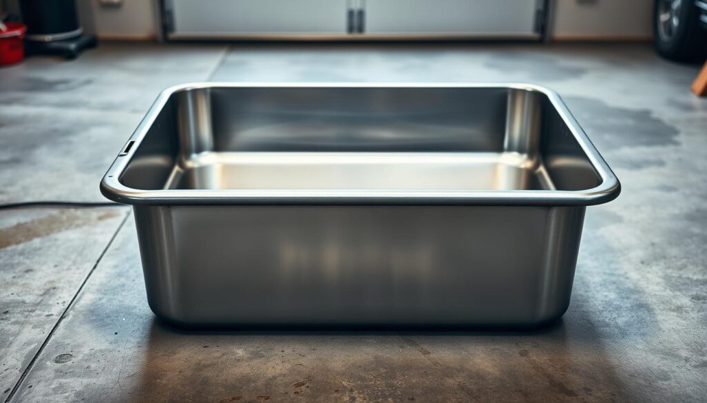 A stainless steel oil drain pan with a large capacity, standing on a concrete floor in a well-lit garage. The pan has a smooth, sleek surface and a subtle ribbed texture, catching the warm, directional lighting from above. The pan is positioned in the foreground, with a neutral background that allows the object to be the focal point. The overall scene conveys a sense of functionality and attention to detail, suitable for a step-by-step guide on oil changing.