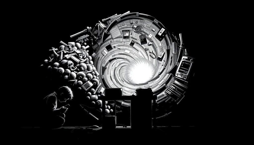 A stark black-and-white illustration depicting the cyclical nature of procrastination. In the foreground, a person sits hunched over a desk, distracted by a phone, while a metaphorical weight of unfinished tasks looms behind them. The middle ground shows the person becoming increasingly anxious and overwhelmed, surrounded by a swirling vortex of distractions and unmet deadlines. In the distant background, a faint glimmer of productivity and focus is obscured by the haze of the procrastination cycle. Dramatic chiaroscuro lighting casts dramatic shadows, emphasizing the sense of entrapment and inner turmoil. The overall tone is somber and introspective, inviting the viewer to reflect on the psychological obstacles that perpetuate the cycle of procrastination.