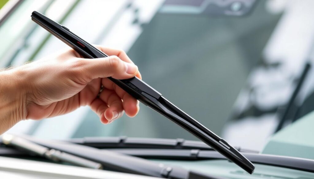 A step-by-step guide on the proper installation of wiper blades. In the foreground, a hand firmly gripping a wiper blade, ready to mount it onto the wiper arm. In the middle ground, the wiper arm itself, positioned to smoothly connect with the new blade. The background features a detailed view of the windshield, providing context and highlighting the importance of this crucial car maintenance task. Soft, natural lighting illuminates the scene, lending a sense of clarity and focus. The composition emphasizes the simplicity and effectiveness of the wiper blade replacement process, conveying a practical, instructional atmosphere.