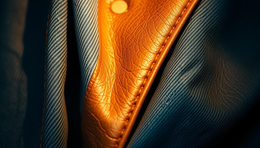 A striking close-up shot of intricately textured denim and buttery soft leather, showcasing their rich, tactile qualities. The denim appears faded and distressed, with subtle whiskering and subtle variations in hue. The leather has a worn, supple appearance, with a hint of patina that speaks of its history. Warm, directional lighting illuminates the surfaces, casting dramatic shadows that accentuate the depth and complexity of the materials. The composition is tightly framed, filling the frame with the interplay of these complementary textures, creating a visually compelling and sensorial exploration of casual, high-quality fabrics.
