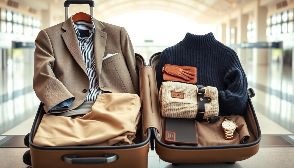 A stylish and versatile travel wardrobe featuring a neutral color palette of beige, khaki, and navy. In the foreground, a high-quality carry-on suitcase open to reveal neatly folded garments - a fitted blazer, slim-cut chinos, a crisp button-down shirt, and a lightweight merino wool sweater. In the middle ground, a selection of comfortable yet polished accessories like leather driving gloves, a sleek leather passport holder, and a minimalist wristwatch. The background depicts a serene airport terminal with natural light filtering in, conveying a sense of refined practicality and effortless style - the ideal packing combination for the discerning traveler.