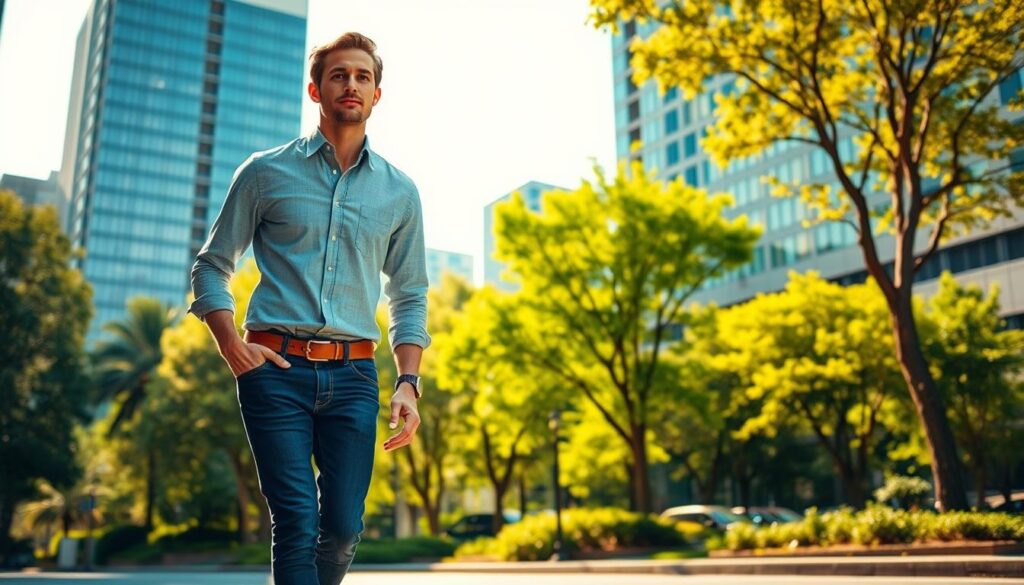 A stylish, casually dressed individual strolling down a city street on a sunny day. In the foreground, a person wearing a crisp, button-down shirt, well-fitted jeans, and comfortable leather shoes. The middle ground features a vibrant, verdant city park, with towering trees and lush greenery. In the background, a row of modern, glass-fronted office buildings, bathed in warm, golden light. The overall scene conveys a sense of effortless sophistication and a relaxed, yet polished, work-life balance.
