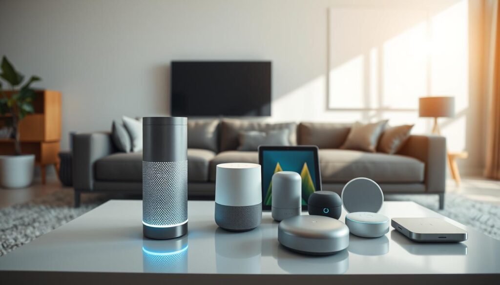 A stylish, well-lit modern living room with a central coffee table showcasing an array of smart home assistants. In the foreground, a sleek, cylindrical voice-activated speaker with glowing LED lights stands prominently. Surrounding it are a tablet-sized smart display, a compact AI-powered assistant, and a rounded, minimalist smart home hub. The mid-ground features large, floor-to-ceiling windows that flood the space with warm, natural lighting, casting a soft glow on the devices. The background subtly fades into a clean, white wall, allowing the smart home gadgets to be the focal point. The overall scene conveys a sense of effortless integration, technological sophistication, and the convenience of a voice-controlled, intelligent domestic environment.