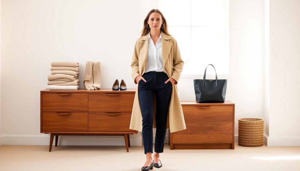 A stylish woman stands in a minimalist setting, showcasing a collection of timeless capsule wardrobe pieces perfect for travel. In the foreground, she models a tailored beige trench coat, a crisp white button-down, and slim-fit navy pants. Behind her, a mid-century modern dresser displays folded neutral-toned sweaters, a pair of classic black pumps, and a timeless leather tote bag. Soft, natural lighting filters in through a large window, creating a calm, refined atmosphere. The overall scene exudes a sense of effortless elegance and the versatility of a well-curated capsule wardrobe for hassle-free travel.