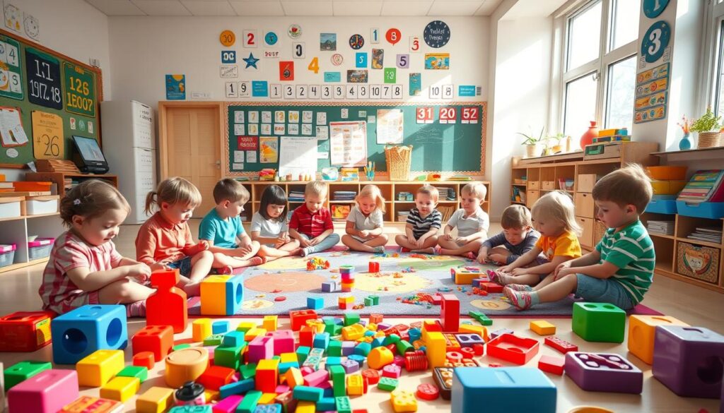 A sunny and colorful classroom setting, with a group of young children engaged in various counting games. The foreground features an array of vibrant manipulatives, such as blocks, beads, and number cards, arranged in an inviting and interactive manner. In the middle ground, the children sit or stand around a large, colorful rug, their faces filled with excitement as they count and play together. The background showcases an abundance of educational posters, chalkboards, and learning resources, creating an atmosphere of curiosity and discovery. Soft, natural lighting filters through the windows, casting a warm and welcoming glow over the entire scene.