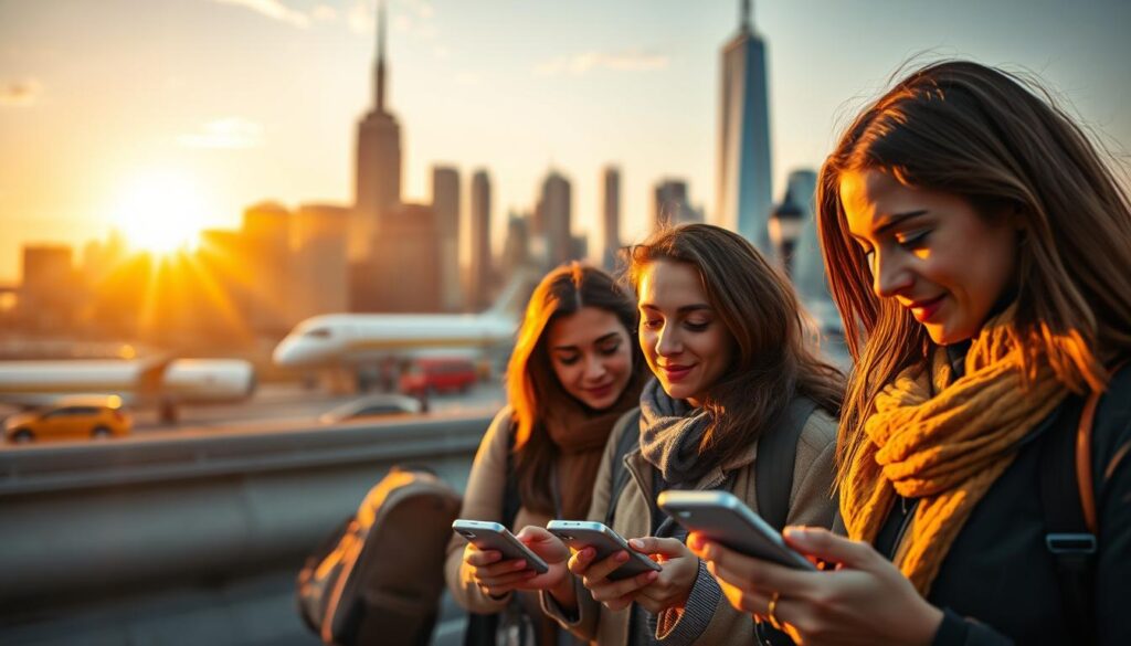 A tranquil urban cityscape, bathed in warm, golden hues of the setting sun. In the foreground, a group of people - a diverse mix of travelers - confidently exploring a mobile app on their smartphones, their expressions serene and trusting. In the middle ground, a well-designed, intuitive user interface of a travel app, showcasing features like location-based recommendations, flight booking, and hotel reservations. The background depicts iconic landmarks, meticulously rendered with a cinematic depth of field, conveying a sense of global connectivity and the promise of seamless, trusted travel solutions.