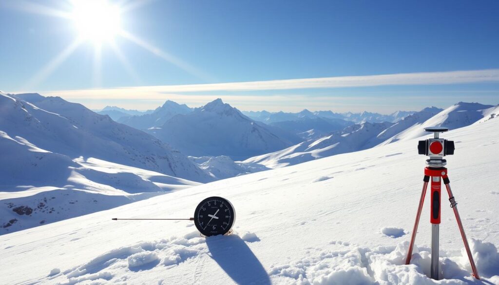 A vast, snow-covered mountain landscape, the sun's warm rays casting a soft glow over the scene. In the foreground, a detailed visual representation of avalanche risk factors - steep, exposed slopes, areas of accumulated snow, and signs of recent snowfall. The middle ground showcases an anemometer measuring wind speed, and a snow probe testing the snowpack's stability. In the background, towering peaks rise against a crisp, blue sky, hinting at the treacherous conditions that outdoor enthusiasts must navigate with caution. The image conveys a sense of the importance of understanding mountain conditions and emergency procedures, essential for safe and responsible exploration.