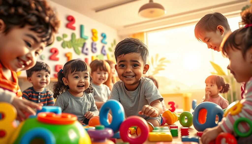 A vibrant and engaging scene of number recognition development, captured through the lens of a skilled illustrator. In the foreground, a group of diverse children eagerly engage with a range of interactive, colorful number-themed toys and activities, their faces alight with wonder and curiosity. The middle ground showcases a dynamic, playful environment, with number-themed murals, tactile learning aids, and engaging educational displays that captivate the young learners. In the background, a warm, sun-dappled setting with natural elements, such as lush greenery and a serene, open sky, creates a calming and nurturing atmosphere conducive to early childhood development. The lighting is soft and inviting, highlighting the joy and excitement of the learning process, while the camera angle and composition draw the viewer's attention to the heart of the scene – the children's growing understanding and appreciation of numerical concepts. A vibrant and engaging scene of number recognition development, captured through the lens of a skilled illustrator. In the foreground, a group of diverse children eagerly engage with a range of interactive, colorful number-themed toys and activities, their faces alight with wonder and curiosity. The middle ground showcases a dynamic, playful environment, with number-themed murals, tactile learning aids, and engaging educational displays that captivate the young learners. In the background, a warm, sun-dappled setting with natural elements, such as lush greenery and a serene, open sky, creates a calming and nurturing atmosphere conducive to early childhood development. The lighting is soft and inviting, highlighting the joy and excitement of the learning process, while the camera angle and composition draw the viewer's attention to the heart of the scene – the children's growing understanding and appreciation of numerical concepts.