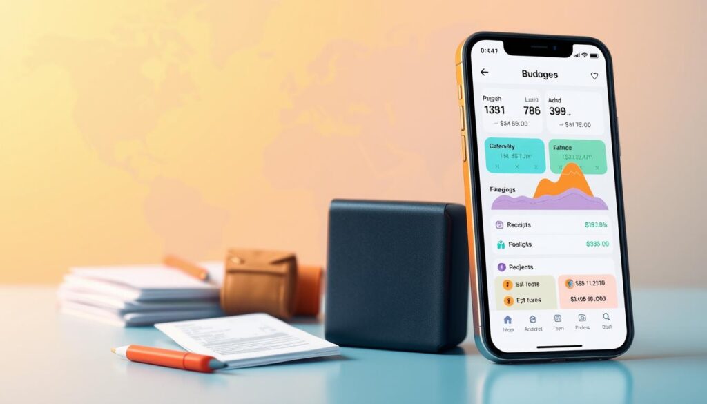 A vibrant and streamlined illustration of a travel expense tracking system. In the foreground, a sleek mobile device displays an intuitive budgeting app, showcasing neatly categorized expenditures and real-time balance updates. In the middle ground, a stack of receipts and a travel organizer symbolize the careful documentation of costs. The background features a warm-toned, blurred world map, suggesting the broader context of a journey being meticulously managed. The overall mood is one of organized efficiency, empowering the traveler to stay in control of their finances during the adventure. Crisp, natural lighting and a clean, modern aesthetic create a sense of digital proficiency and financial mastery.