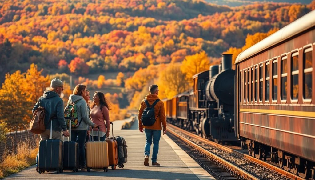 A vibrant autumn landscape with lush foliage and rolling hills in the background. In the foreground, a group of travelers stands at a train station platform, their luggage by their side, eagerly awaiting their journey. The scene is bathed in warm, golden light, creating a cozy and inviting atmosphere. The travelers wear lightweight, layered clothing, suggesting the transitional nature of the "shoulder season." A vintage-style train engine waits on the tracks, ready to whisk the travelers away to their next destination at a discounted off-peak rate. A vibrant autumn landscape with lush foliage and rolling hills in the background. In the foreground, a group of travelers stands at a train station platform, their luggage by their side, eagerly awaiting their journey. The scene is bathed in warm, golden light, creating a cozy and inviting atmosphere. The travelers wear lightweight, layered clothing, suggesting the transitional nature of the "shoulder season." A vintage-style train engine waits on the tracks, ready to whisk the travelers away to their next destination at a discounted off-peak rate.