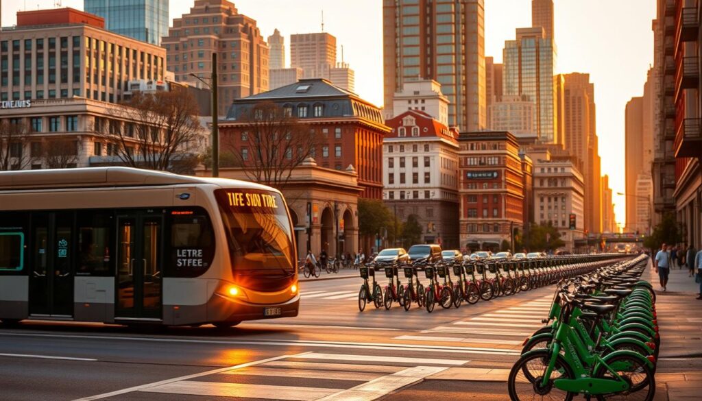 A vibrant cityscape at golden hour, bustling with public transit and ride-sharing options. In the foreground, a modern electric bus glides along the street, its sleek design and luminous lights embodying sustainable urban mobility. In the middle ground, a fleet of shared bicycles and scooters dot the sidewalks, catering to the needs of eco-conscious commuters. In the background, high-rise buildings and a mix of historic and contemporary architecture frame the scene, creating a dynamic and visually compelling urban landscape. The warm, diffused lighting casts a soft, inviting glow over the entire composition, evoking a sense of efficiency, connectivity, and environmental responsibility. A vibrant cityscape at golden hour, bustling with public transit and ride-sharing options. In the foreground, a modern electric bus glides along the street, its sleek design and luminous lights embodying sustainable urban mobility. In the middle ground, a fleet of shared bicycles and scooters dot the sidewalks, catering to the needs of eco-conscious commuters. In the background, high-rise buildings and a mix of historic and contemporary architecture frame the scene, creating a dynamic and visually compelling urban landscape. The warm, diffused lighting casts a soft, inviting glow over the entire composition, evoking a sense of efficiency, connectivity, and environmental responsibility.
