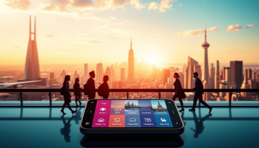 A vibrant digital landscape showcasing the benefits of a modern travel app. In the foreground, a smartphone screen displays intuitive icons and menus, highlighting seamless trip planning, real-time updates, and personalized recommendations. In the middle ground, silhouettes of travelers navigating airports, landmarks, and transportation systems with ease, aided by the app's features. The background depicts a panoramic view of a bustling city skyline, with skyscrapers and landmarks bathed in warm, golden lighting, conveying a sense of excitement and adventure. The overall scene emanates a sleek, futuristic atmosphere, underscoring how travel apps have transformed the modern journey experience.