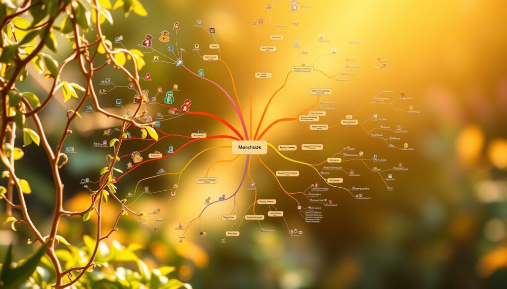 A vibrant mind map takes center stage, its branches unfurling like the tendrils of a lush, verdant plant. The foreground depicts the main concepts connected by flowing lines, each node a colorful, abstract symbol representing a unique idea. In the middle ground, additional details and sub-topics expand the network, creating a visually captivating tapestry of knowledge. The background fades into a soft, dreamlike gradient, hinting at the limitless potential for growth and exploration within this mapping method. Warm, natural lighting casts a gentle glow, evoking a sense of organic inspiration and clarity. The overall composition exudes a harmonious balance, inviting the viewer to delve deeper into the interconnected world of ideas.