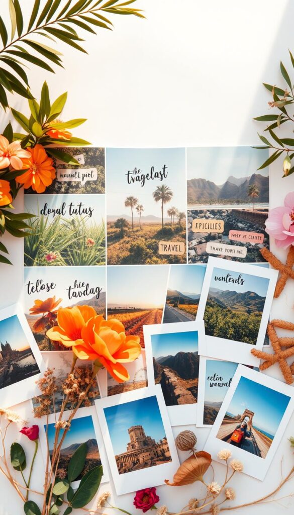 A vibrant, sun-drenched Instagram grid, showcasing a curated collection of wanderlust-inducing travel photographs. In the foreground, a whimsical arrangement of hand-lettered captions and quotes against a backdrop of lush greenery, tropical flowers, and sun-kissed landscapes. Scattered throughout the frame, vintage polaroid frames, dried botanicals, and minimal geometric patterns create a visually captivating and cohesive aesthetic. Soft, diffused lighting bathes the scene in a warm, golden glow, evoking a sense of adventure, discovery, and the free-spirited essence of wanderlust. The overall composition exudes a dreamy, aspirational mood, seamlessly blending the visual elements to inspire the viewer's own travel desires and social media aesthetic.