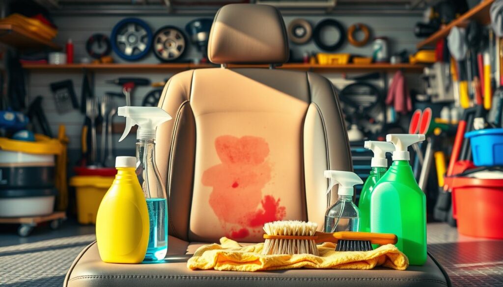 A vibrant, well-lit image of a car seat with a stain, showcasing various cleaning products and tools in the foreground, such as a spray bottle, a scrub brush, and a clean cloth. The middle ground features the car seat, with the stain clearly visible, and the background depicts a clean, organized garage or workshop setting, with shelves of automotive accessories and tools. The lighting is natural, creating a warm, inviting atmosphere, and the camera angle is slightly elevated, providing a clear view of the entire cleaning process. The overall composition emphasizes the efficacy of the stain removal process, conveying a sense of problem-solving and accomplishment.