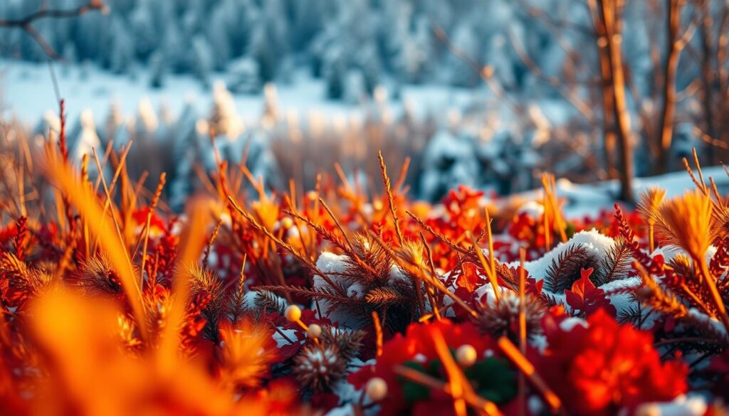 A vibrant winter landscape, captured with a wide-angle lens, showcasing bold, abstract patterns in the foreground. The scene is bathed in warm, diffused lighting, creating a cozy, inviting atmosphere. In the middle ground, a striking mix of geometric shapes and organic textures in rich, saturated colors - deep reds, vibrant blues, and earthy greens - intertwine to form a captivating tapestry. The background features a blurred, snowy forest, adding depth and a sense of wintry tranquility. The overall composition emphasizes the beauty of bold, unconventional color combinations and patterns, perfectly embodying the spirit of embracing winter's sartorial flair.