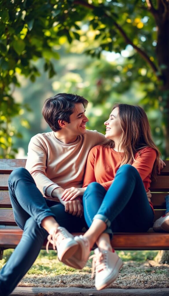 A warm and inviting scene of two friends sharing a heartfelt moment. A cozy, sun-dappled outdoor setting, with lush greenery and soft, diffused lighting. The friends, dressed casually, are seated close together on a wooden bench, gazing at each other with genuine affection and a sense of deep connection. Their body language exudes comfort and trust. The background is intentionally blurred to keep the focus on the friends' intimate interaction. The overall mood is one of cherished friendship, profound understanding, and the feeling of being at home with someone who feels like family.