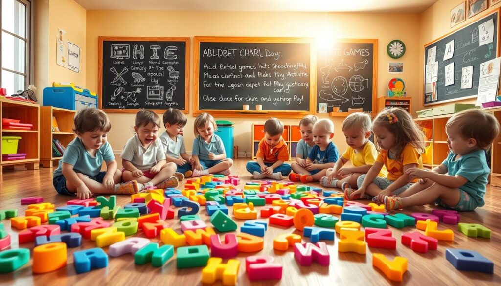 A warm and vibrant classroom scene, with colorful alphabet letters scattered across a wooden floor. In the foreground, a group of excited preschoolers engaged in hands-on activities, manipulating the letters to form simple words. The middle ground features a large chalkboard displaying a variety of engaging alphabet-themed exercises and games. In the background, a sunny window illuminates the space, casting a soft, natural light. The overall atmosphere is one of playfulness, curiosity, and early learning, capturing the importance of alphabet activities in a preschooler's educational journey. A warm and vibrant classroom scene, with colorful alphabet letters scattered across a wooden floor. In the foreground, a group of excited preschoolers engaged in hands-on activities, manipulating the letters to form simple words. The middle ground features a large chalkboard displaying a variety of engaging alphabet-themed exercises and games. In the background, a sunny window illuminates the space, casting a soft, natural light. The overall atmosphere is one of playfulness, curiosity, and early learning, capturing the importance of alphabet activities in a preschooler's educational journey.