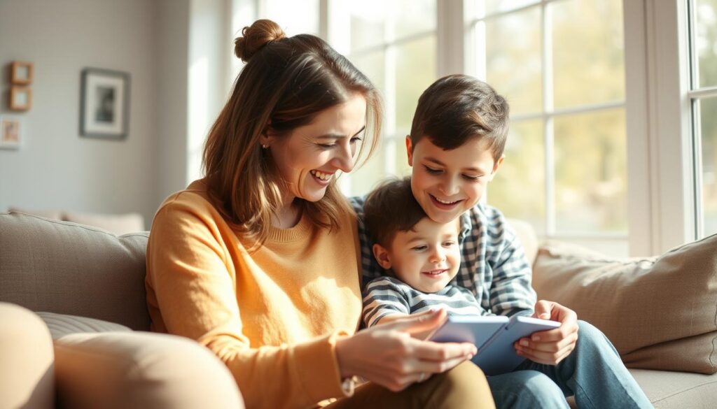 A warm, inviting living room with a cozy sofa and armchair, sunlight streaming through large windows. A parent and child sit together, engaged in a game or activity, conveying a sense of connection, understanding, and support. Candid, natural expressions on their faces, capturing the joyful, nurturing atmosphere of positive parenting. The background blurs softly, emphasizing the focused interaction between the two. Soft, muted colors create a peaceful, harmonious setting, evoking a sense of security and emotional well-being.