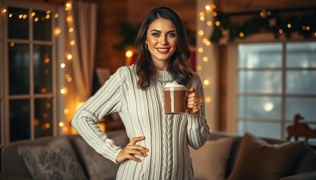 A well-dressed woman stands elegantly in a cozy winter sweater dress, surrounded by a warm, softly lit indoor scene. The dress is made of a luxurious knit fabric, accentuating her figure. She poses confidently, one hand on her hip, the other holding a steaming mug of hot cocoa. The room is decorated with twinkling string lights and plush, textured furnishings, creating a festive and inviting atmosphere. Diffused lighting casts a gentle glow, highlighting the woman's features and the detailed patterns of the sweater dress. The overall mood is one of sophisticated comfort, perfect for a special winter occasion.