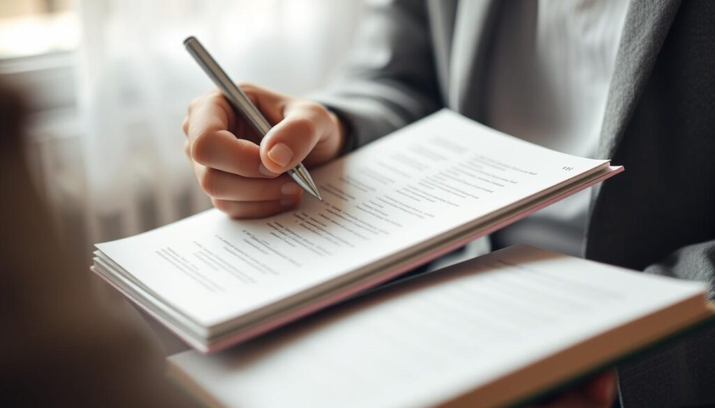 A well-lit and focused close-up of a person's hands, one gripping a pen and the other holding a notebook. The notebook pages are filled with neatly organized lists and notes, conveying a sense of focus and discipline. The background is blurred, drawing the viewer's attention to the hands and the notebook. The lighting is soft and natural, creating a warm and introspective atmosphere. The overall composition emphasizes the importance of self-reflection and strategic planning as part of a self-discipline strategy.