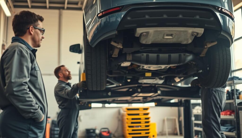 A well-lit automobile repair shop, with a car on a lift in the foreground. Mechanics in protective gear, including coveralls, gloves, and safety glasses, are inspecting the vehicle's undercarriage. The background features organized shelves of tools, lubricants, and other maintenance supplies. Diffused, natural lighting from large windows creates a warm, inviting atmosphere, highlighting the attention to detail and safety protocols. The overall scene conveys a sense of professionalism, care, and commitment to proper car maintenance procedures.