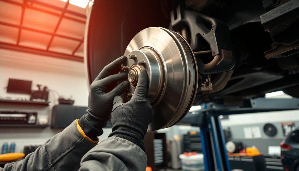 A well-lit automotive workshop, with a mechanic closely inspecting the brake pads of a raised car on a hydraulic lift. The pad is visible in sharp detail, with the mechanic's gloved hand gently pressing on it to check for wear. The background is clean and organized, with tools and supplies neatly arranged on workbenches. Soft overhead lighting casts a warm glow, creating a professional and attentive atmosphere. The camera angle is at eye level, emphasizing the importance of this routine maintenance task for ensuring safe and reliable vehicle operation. A well-lit automotive workshop, with a mechanic closely inspecting the brake pads of a raised car on a hydraulic lift. The pad is visible in sharp detail, with the mechanic's gloved hand gently pressing on it to check for wear. The background is clean and organized, with tools and supplies neatly arranged on workbenches. Soft overhead lighting casts a warm glow, creating a professional and attentive atmosphere. The camera angle is at eye level, emphasizing the importance of this routine maintenance task for ensuring safe and reliable vehicle operation.