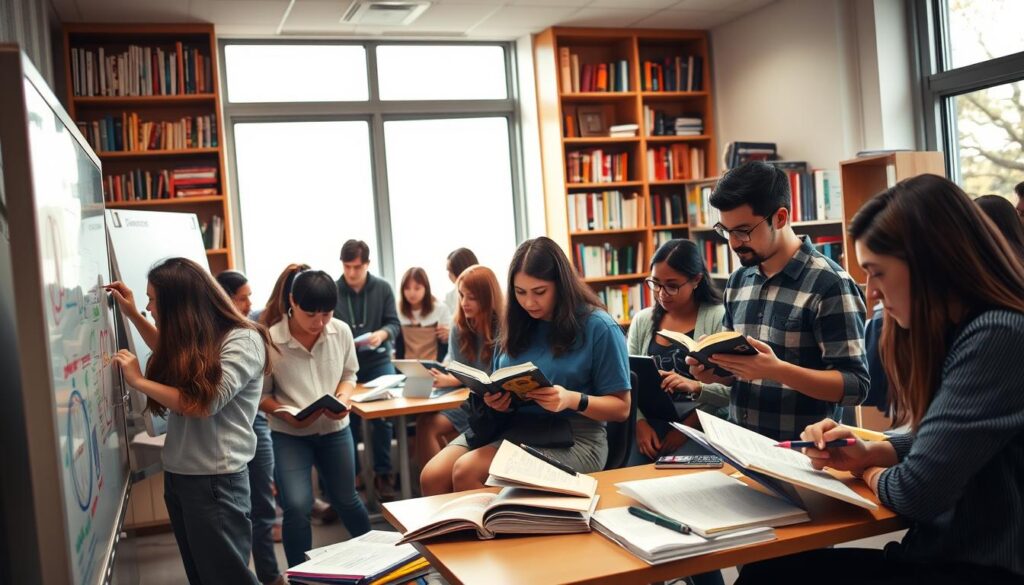 A well-lit classroom setting with students actively engaged in various study techniques. In the foreground, a group of students collaborating on a whiteboard, using colored markers to diagram key concepts. In the middle ground, individuals are intently reading textbooks and taking notes, while others are using laptops and tablets to research and organize information. The background features a bookshelf filled with various academic resources and a large window letting in natural light, creating a warm and productive atmosphere. The lighting is soft and even, highlighting the focused expressions and dedicated postures of the students. A well-lit classroom setting with students actively engaged in various study techniques. In the foreground, a group of students collaborating on a whiteboard, using colored markers to diagram key concepts. In the middle ground, individuals are intently reading textbooks and taking notes, while others are using laptops and tablets to research and organize information. The background features a bookshelf filled with various academic resources and a large window letting in natural light, creating a warm and productive atmosphere. The lighting is soft and even, highlighting the focused expressions and dedicated postures of the students.