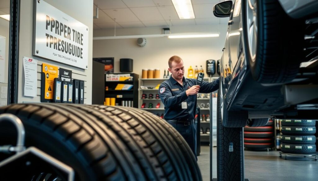 A well-lit, clean and modern tire shop interior. In the foreground, a set of tires are displayed on a metal shelf, with a large "Proper Tire Pressure Guide" sign mounted on the wall above. In the middle ground, a technician in a uniform is demonstrating the use of a digital tire pressure gauge on a customer's vehicle. The background features shelves of automotive supplies and tools, with soft, indirect lighting creating a warm, professional atmosphere.
