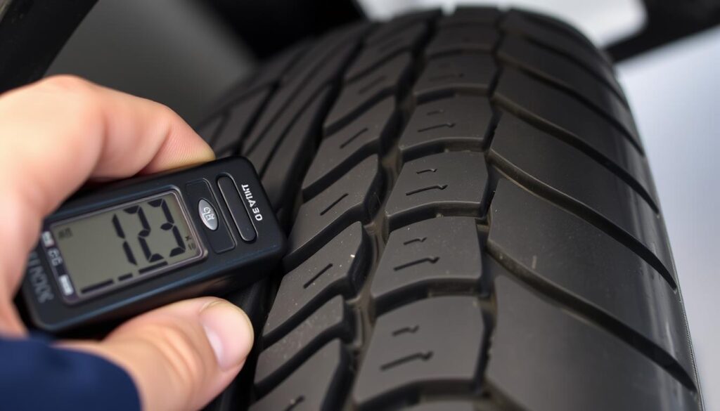A well-lit close-up of a person's hand holding a tire tread depth gauge, carefully measuring the groove depth of a car tire. The tire tread is displayed prominently, with distinct ridges and grooves visible. The image has a clean, technical aesthetic, with a neutral background that allows the tire and gauge to be the focal point. Soft, directional lighting highlights the textures and details of the tire, creating a sense of depth and dimension. The angle is slightly elevated, providing a clear view of the measurement process. The overall scene conveys a sense of precision, attention to detail, and the importance of proper tire maintenance.