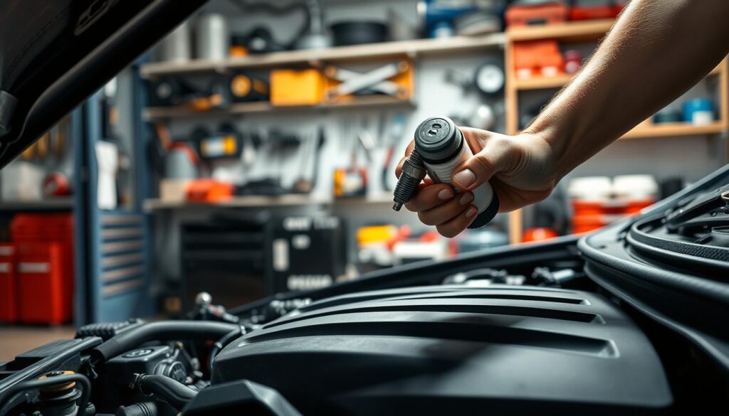 A well-lit, detailed garage scene with a car engine in the foreground. In the middle ground, a mechanic's hands hold a spark plug and a container of engine oil, showcasing the maintenance process. The background features organized shelves with various auto parts and tools, conveying a professional, well-equipped workspace. The lighting is bright and directional, casting shadows that add depth and focus to the maintenance items. The overall atmosphere is one of care, precision, and the importance of proper engine upkeep. A well-lit, detailed garage scene with a car engine in the foreground. In the middle ground, a mechanic's hands hold a spark plug and a container of engine oil, showcasing the maintenance process. The background features organized shelves with various auto parts and tools, conveying a professional, well-equipped workspace. The lighting is bright and directional, casting shadows that add depth and focus to the maintenance items. The overall atmosphere is one of care, precision, and the importance of proper engine upkeep.