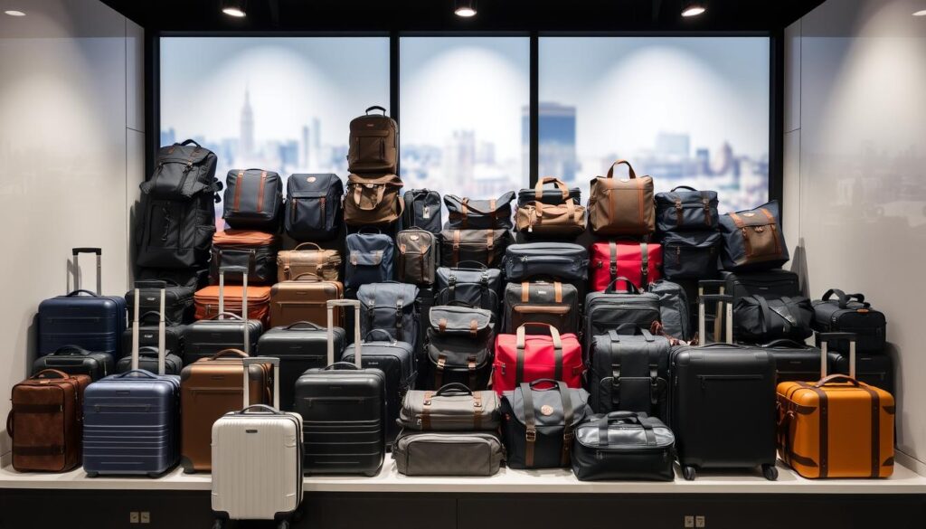A well-lit display of a carefully curated selection of high-quality luggage and travel bags. In the foreground, a range of stylish and functional suitcases in various sizes, colors, and materials, including hardshell, softshell, and carry-on options. In the middle ground, a diverse array of backpacks, duffel bags, and tote bags, each designed with the modern traveler in mind. The background features a subtle, blurred cityscape, hinting at the adventures that await. The overall composition conveys a sense of organization, quality, and the excitement of planning a journey.