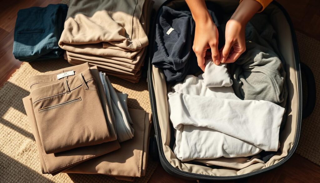 A well-lit, high-angle photograph showing the process of packing clothes by both rolling and folding techniques. In the foreground, a neatly folded stack of casual shirts, trousers, and a sweater. In the middle ground, hands deftly rolling a t-shirt and a pair of socks. In the background, an open suitcase with clothes already packed in a mix of rolling and folding. The scene conveys a sense of organized efficiency, with a focus on demonstrating the space-saving benefits of each packing method. Warm, natural lighting casts soft shadows, creating depth and highlighting the textures of the fabrics. The camera is positioned to provide a clear, unobstructed view of the packing process.