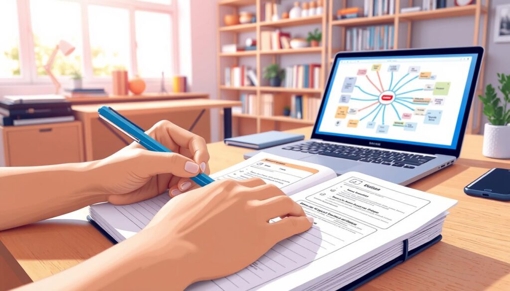A well-lit, high-resolution digital illustration showcasing effective note-taking methods. In the foreground, a person's hands diligently taking notes with a ballpoint pen on a clean, minimalist notebook. The pages feature a clear, organized layout with bullet points, diagrams, and color-coded sections. In the middle ground, an open laptop displays a mind map with interconnected concepts and ideas. The background depicts a cozy, inviting workspace with a desk, bookshelves, and a large window allowing natural light to fill the space, creating a focused and productive atmosphere.