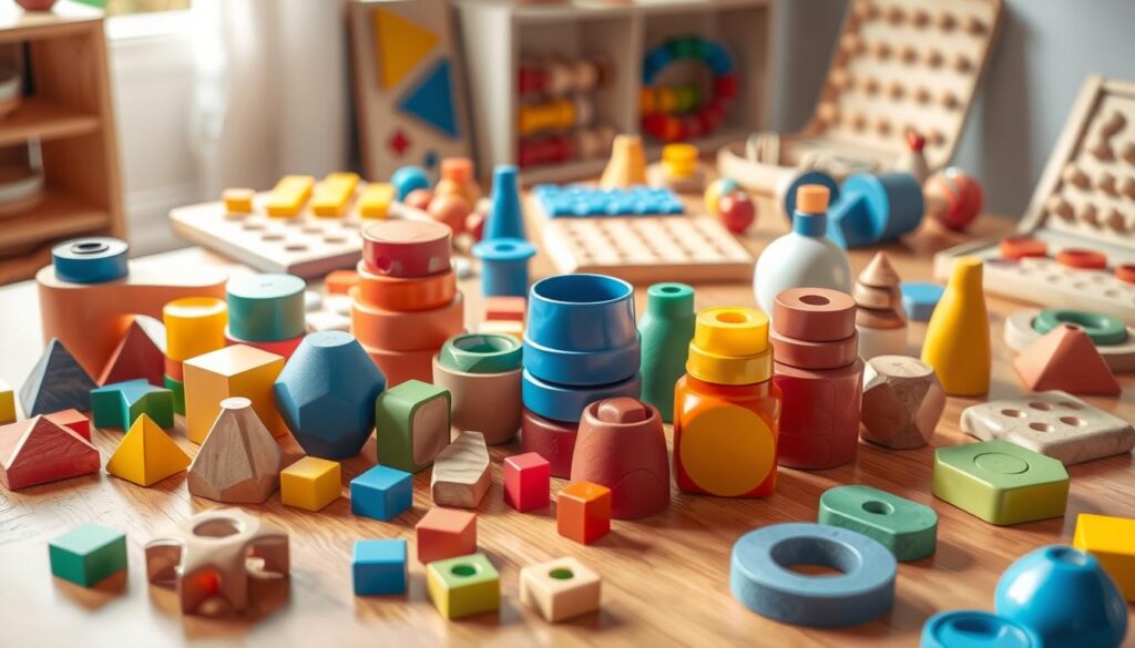 A well-lit, inviting scene showcasing an assortment of colorful, tactile educational toys on a warm wood-grain table. In the foreground, a collection of vibrant shape sorters, nested blocks, and stacking cups in a variety of geometric forms and hues. In the middle ground, a set of textured pattern boards and puzzles with raised shapes and textured surfaces. In the background, a selection of montessori-style manipulation toys, like wooden beads on wire tracks and shape-matching boards, all bathed in soft, natural lighting to create a calm, nurturing atmosphere ideal for hands-on learning. A well-lit, inviting scene showcasing an assortment of colorful, tactile educational toys on a warm wood-grain table. In the foreground, a collection of vibrant shape sorters, nested blocks, and stacking cups in a variety of geometric forms and hues. In the middle ground, a set of textured pattern boards and puzzles with raised shapes and textured surfaces. In the background, a selection of montessori-style manipulation toys, like wooden beads on wire tracks and shape-matching boards, all bathed in soft, natural lighting to create a calm, nurturing atmosphere ideal for hands-on learning.