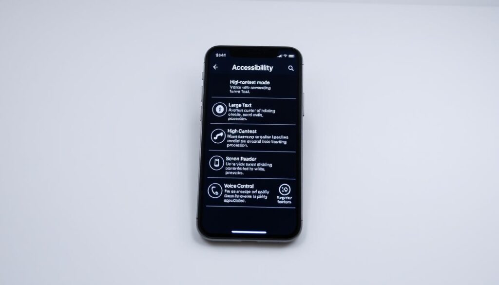 A well-lit modern smartphone displaying a variety of accessibility features on the screen, including large text, high-contrast mode, screen reader options, and voice control interfaces. The smartphone is centered in the frame, with a clean, minimal background that allows the accessibility functions to be the primary focus. The overall scene conveys a sense of inclusion, empowerment, and the versatility of modern smartphone technology.