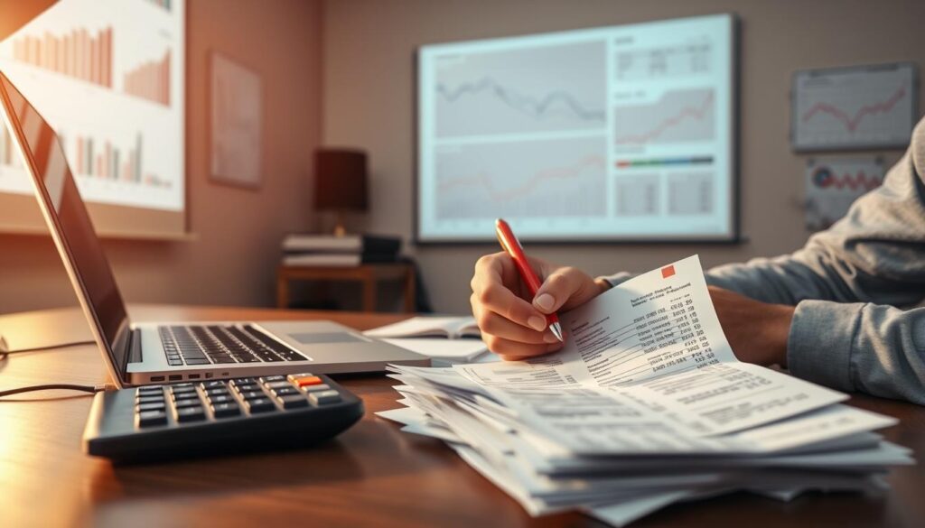 A well-lit office desk with a laptop, calculator, and stack of receipts. In the middle ground, a person is circling expenses with a red pen, contemplating ways to optimize their spending. The background features financial charts and graphs projected on a wall, creating an analytical atmosphere. Warm lighting casts a focused glow, emphasizing the careful study of expenses. The overall scene conveys a sense of deliberation and resourcefulness in the pursuit of lowering costs.