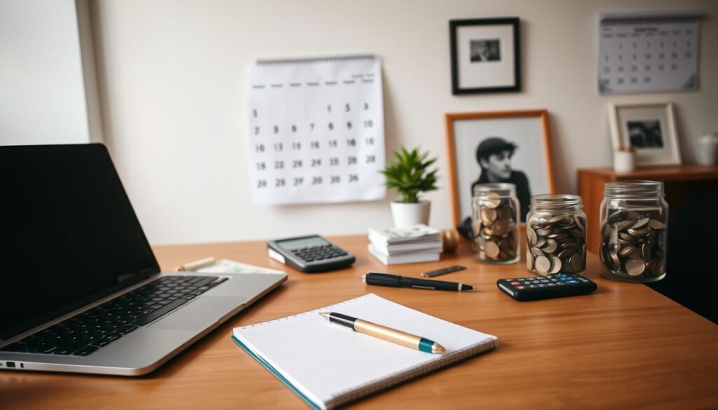A well-lit photograph of a minimalistic, organized workspace showcasing the essential daily expenses of a mid-career professional. In the foreground, a wooden desk with a laptop, pen, and notebook. In the middle ground, a stack of bills, a calculator, and a jar of coins. In the background, a wall calendar, a small plant, and a framed photograph. The lighting is soft and diffused, creating a calm and focused atmosphere. The overall composition emphasizes the importance of budgeting and managing necessary financial obligations.