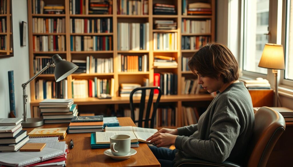 A well-lit study area with a desk, chair, and bookshelves in the background. On the desk, various study materials such as textbooks, notebooks, and stationery are neatly arranged. In the foreground, a person is seated, focused on their work, with a cup of coffee or tea nearby. The lighting is warm and inviting, creating a cozy and productive atmosphere. The scene conveys a sense of organization, concentration, and effective study habits.