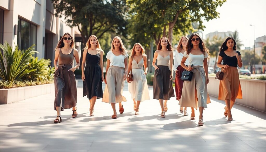 A well-lit, vibrant scene featuring a group of fashionable women showcasing chic and effortless casual skirt outfits. In the foreground, models pose confidently in a variety of pleated, A-line, and midi skirts in neutral tones, paired with relaxed tops, sandals, and minimalist accessories. The middle ground captures the models strolling casually through a sun-dappled urban setting, surrounded by lush greenery and modern architecture. The background is softly blurred, creating a sense of depth and focus on the stylish outfits. The overall mood is one of casual elegance, with a touch of sophistication and a nod to the current fashion trends.