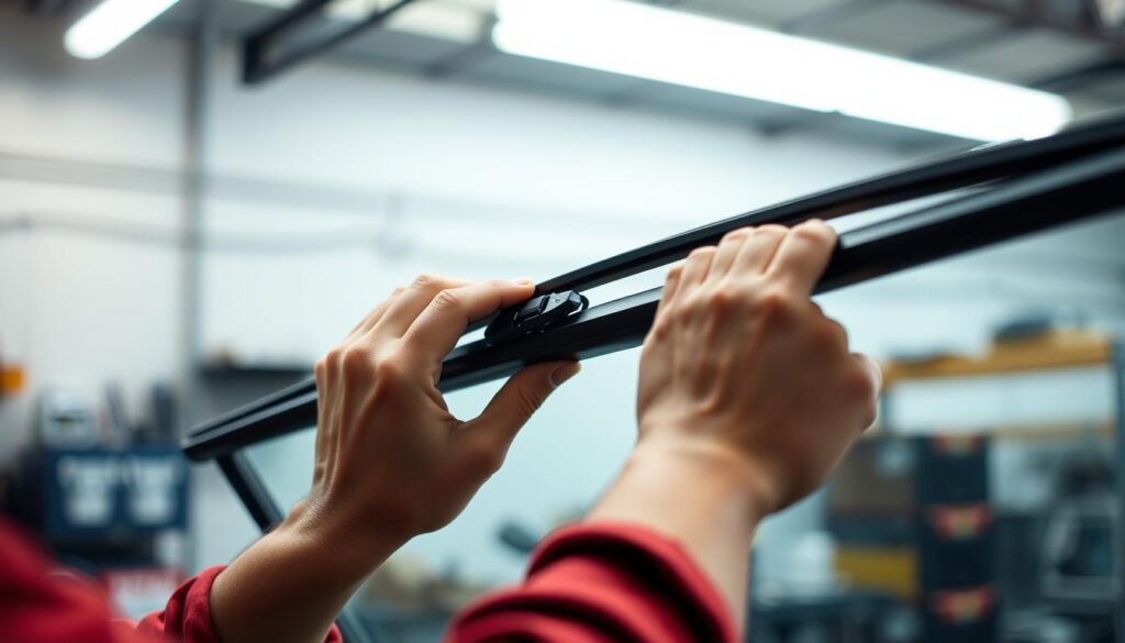 A well-lit workshop setting, the focus on a pair of hands carefully maneuvering a windshield wiper arm. Soft shadows cast from an overhead light source, highlighting the delicate movements and intricate mechanics. The wiper arm is positioned at an angle, allowing for a clear view of the attachment points and release mechanisms. The background is slightly blurred, emphasizing the importance of the task at hand. The overall mood is one of attention to detail and diligence, underscoring the importance of safety when replacing windshield wipers.