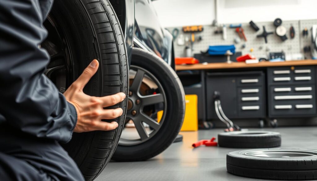 A well-lit workshop setting with a mechanic kneeling beside a car, intently inspecting the tires. The foreground shows the mechanic's hands closely examining the tire tread and sidewall, checking for wear, damage, and proper inflation. The middle ground showcases the car's wheels, the brake assemblies, and the undercarriage, all in sharp focus. The background features various tools, equipment, and a workbench, suggesting a professional auto repair environment. The lighting is natural and diffused, creating an atmosphere of diligent and meticulous attention to detail, reflecting the importance of regular tire maintenance.