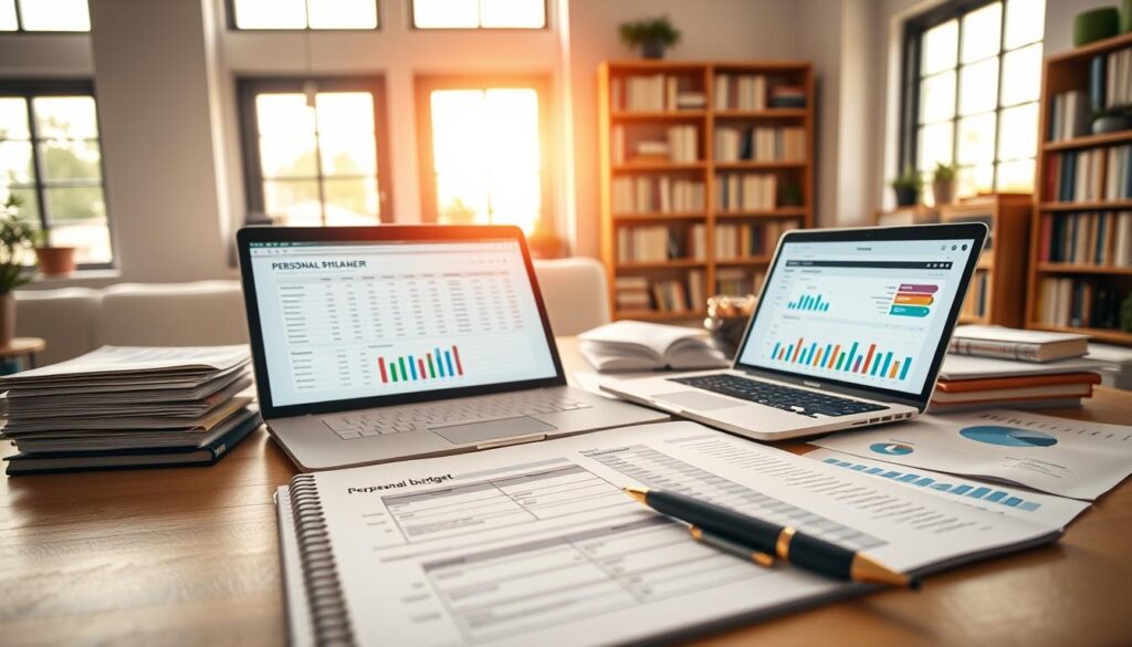 A well-organized budgeting system, with neatly arranged financial documents, colorful graphs, and a modern laptop displaying an intuitive budgeting software interface. The scene is lit by warm, natural light filtering through large windows, creating a sense of clarity and organization. In the foreground, a pen hovers over a personal budget planner, suggesting the active engagement of the user. The background features bookshelves filled with financial management resources, conveying a sense of expertise and control over one's finances.