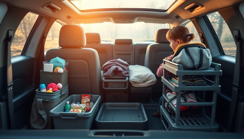 A well-organized car interior for busy parents, bathed in warm, natural lighting. The front seats feature practical storage compartments and pockets to neatly stow away toys, snacks, and essential items. In the middle row, a set of modular bins and trays allows for efficient organization of larger items like sports gear, jackets, and emergency supplies. The rear cargo area showcases a customized shelving system, keeping the space tidy and accessible. Subtle textures and muted tones create a calming, uncluttered atmosphere, enabling focused driving and a stress-free commute.
