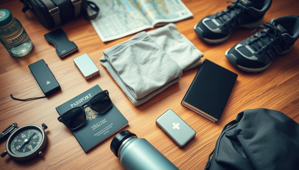 A well-organized packing list with essential travel items laid out on a warm-toned wooden surface. In the foreground, a compass, passport, sunglasses, and a reusable water bottle. In the middle, a neatly folded bundle of clothes, a small first-aid kit, and a power bank. In the background, a map, a guidebook, and a pair of comfortable walking shoes. The lighting is soft and diffused, creating a cozy, contemplative atmosphere. The camera angle is slightly elevated, giving a sense of curation and organization. The overall mood evokes a sense of preparation, functionality, and adventurous exploration.