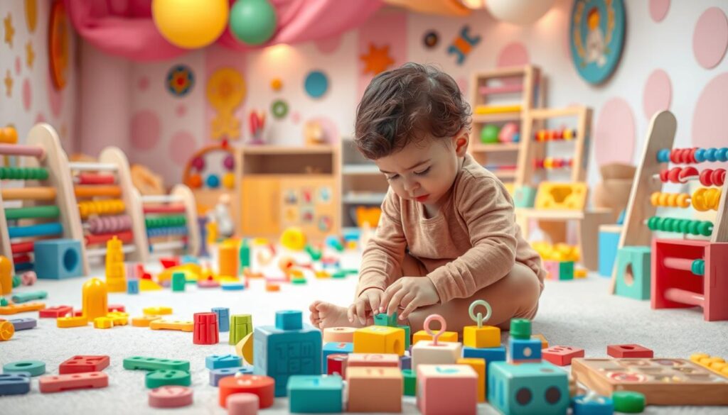 A whimsical and vibrant scene of a child's play area, featuring an array of colorful, engaging counting games and activities. In the foreground, a young child sits on the floor, intently focused on counting blocks or beads, with a look of wonder and discovery on their face. Surrounding the child are various interactive toys and learning tools, such as number puzzles, abacuses, counting cubes, and playful number lines. The middle ground is filled with a diverse range of these educational math games and manipulatives, each designed to captivate and inspire early numeracy skills. In the background, a soft, dreamlike atmosphere with pastel hues and gentle lighting creates a calming, nurturing environment conducive to early math exploration and development.