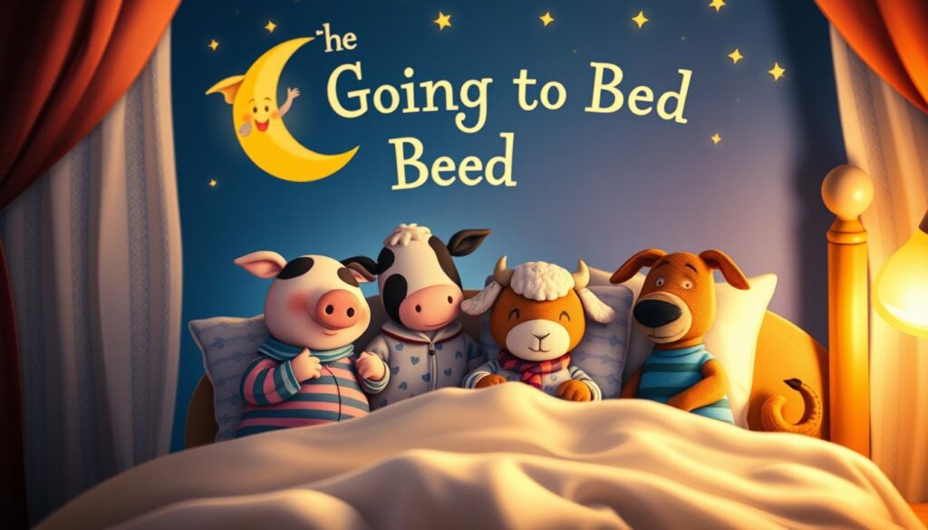 A whimsical children's book cover of "The Going to Bed Book" by Sandra Boynton. The foreground features a group of diverse, anthropomorphic animal characters - a pig, a cow, a sheep, and a dog - in their pajamas, preparing for bedtime. They are gathered around a cozy bed, with a crescent moon and twinkling stars in the night sky background. Warm, soft lighting illuminates the scene, creating a soothing, comforting atmosphere. The book is prominently displayed, its cover illustration visible. The composition is balanced, with the characters and book occupying the central focus, surrounded by a dreamlike, peaceful setting.