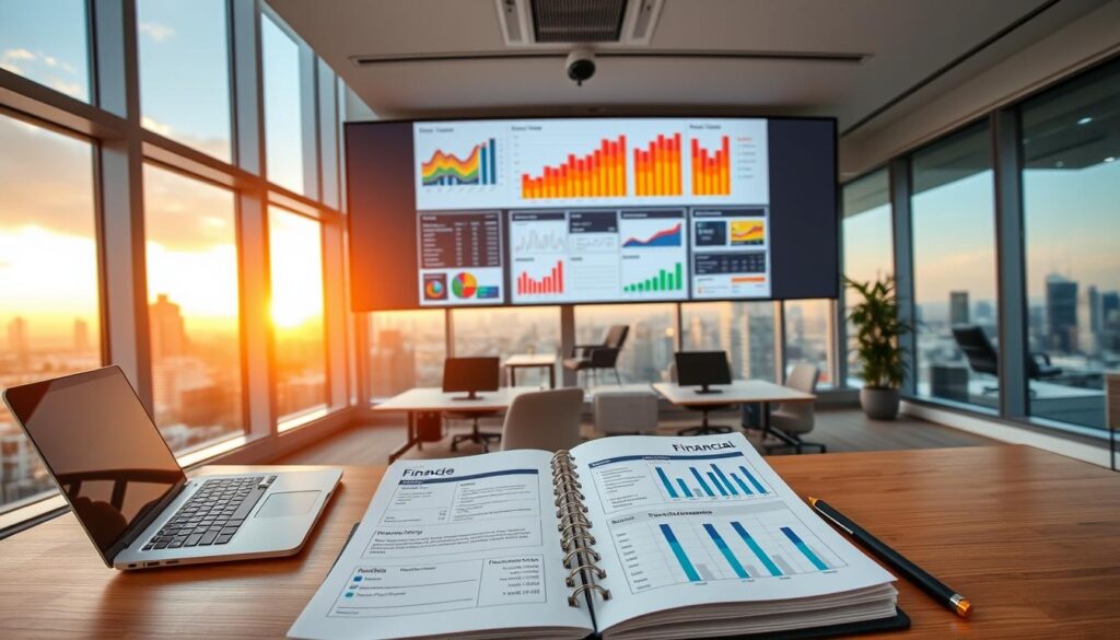 A wide, panoramic view of a modern office workspace. In the foreground, a neatly organized desk with a laptop, pens, and a financial planner open to a page filled with goals, targets, and budget breakdown. The middle ground features a large wall-mounted display showing colorful charts, graphs, and financial projections. In the background, floor-to-ceiling windows offer a view of a bustling city skyline bathed in warm, golden-hour light. The overall scene conveys a sense of focus, productivity, and a strategic approach to personal finance and goal-setting.