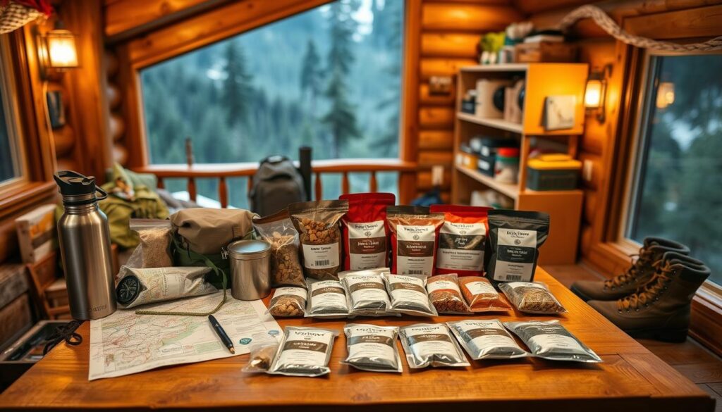 A wooden table in a cozy mountain cabin, illuminated by warm, natural lighting and a panoramic forest view through the windows. In the foreground, an array of hiking supplies and backpacking gear is neatly arranged, including a map, compass, reusable water bottle, and camping cookware. In the middle ground, a variety of dehydrated meals, snacks, and ingredients are displayed, with labels indicating their calorie content and nutritional value. In the background, shelves holding additional provisions and a pair of well-worn hiking boots add to the sense of adventure and preparation. The overall atmosphere is one of organized, thoughtful planning for a memorable mountain expedition.